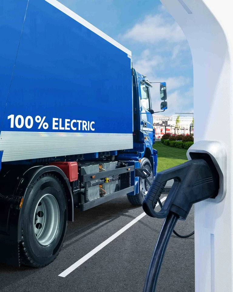 Elektro-Müllfahrzeug wird an Ladesäule geladen